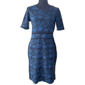 Ann Taylor Knit Sheath Dress Womens L Blue Black Abstract Print Bodycon Career